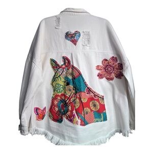 Aloha Handmade White Denim Jacket XL Oversized Horse Patch Fringe Boho
